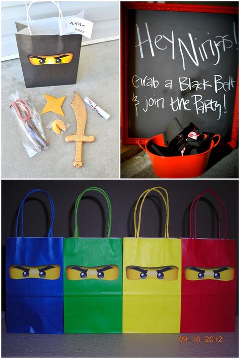 Lego Ninjago Party | Ellie Kelly Blog Ninjago Party Activities, Lego Ninjago Printables Free, Ninjago Birthday Invite, Ninjago Party Decorations, Ninjago Party Favors, Lego Party Bags, Ninja Party Decorations, Ninja Themed Birthday Party, Diy Party Bags