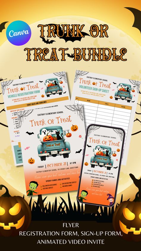 Create a Bundle Trunk or Treat Flyer with an animated video invite and a registration signup form for your school or church Halloween party. Make sure to include editable Trunk or Treat posters for easy customization.

***********************
What you will get?
>>8.5X11" size Flyer Template
>>8.5X11" Vehicle Registration Form
>>8.5X11" Volunteer Sign-Up Form
>>18 sec Animated Video Invite
>>User guide on how to edit on canva . Church Halloween Party, Trunk Or Treat Flyer, Church Halloween, Registration Form, Flyer Ideas, Trunk Or Treat, Halloween Poster, Halloween 2024, User Guide