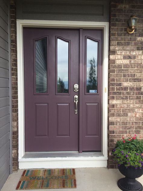 Plum Front Door Colors, Purple Exterior Door, Plum Front Door, Burgundy Front Door, Outdoor House Colors, Purple Front Door, Purple Front Doors, Victorian House Renovation, Exterior House Doors