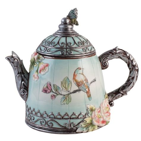 Fitz and Floyd English Garden 2 Qt. Ceramic Teapot & Reviews | Wayfair Garden Teapot, Tea Pottery, Romantic Bedrooms, English Teapots, Blue Teapot, Butterfly Lighting, Serenity Blue, Tea Kettles, Butterfly Butterfly