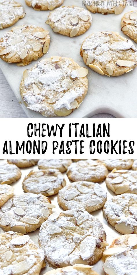 The Best Chewy Italian Almond Paste Cookies topped with sliced almonds and powdered sugar on a marble board. Chewy Almond Paste Cookies, Almond Cookies With Almond Paste, Gluten Free Italian Almond Cookies, Gluten Free Almond Paste Cookies, Almond Paste Cookies Italian, Almond Cookies Recipes, Almond Paste Cookies, Gluten Free Almond Cookies, Soy Free Desserts