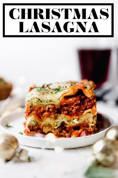 The most festive lasagna you'll ever meet: Christmas Eve Lasagna! A twist on classic lasagna bolognese, this lasagna boasts festive red & green layers of rich & hearty homemade bolognese sauce & basil pesto ricotta. Equally stunning & delicious, this Christmas Eve Lasagna is the perfect dish to make for any holiday dinner. #lasagnarecipe #classiclasagna #christmasdinner #christmasrecipes Allrecipes World’s Best Lasagna, World's Best Lasagna Allrecipes, Don Angie Lasagna Recipe, Lasagne Christmas Dinner, Authentic Homemade Lasagna Recipe, Christmas Eve Lasagna Dinner, Christmas Lasagna Recipe, Lasagna For Christmas Dinner, Pesto Sausage Lasagna