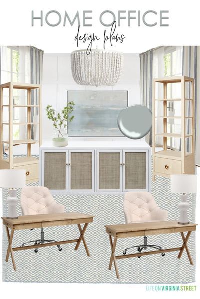 A shared home office design plan with neutral, blue, and white touches throughout. I love the wood desks paired with linen desk chairs, grasscloth bookcases, cane cabinet, blue abstract art and white wood bead chandelier! #officedesign #officedecor #homedecorating #designboard Home Office White Furniture, Coastal Modern Office Design, Cottage Home Office Ideas, Modern Coastal Home Office, Coastal Home Office Ideas, Coastal Office Design, Office Chandelier Ideas, Home Office Chandelier, Modern Coastal Office