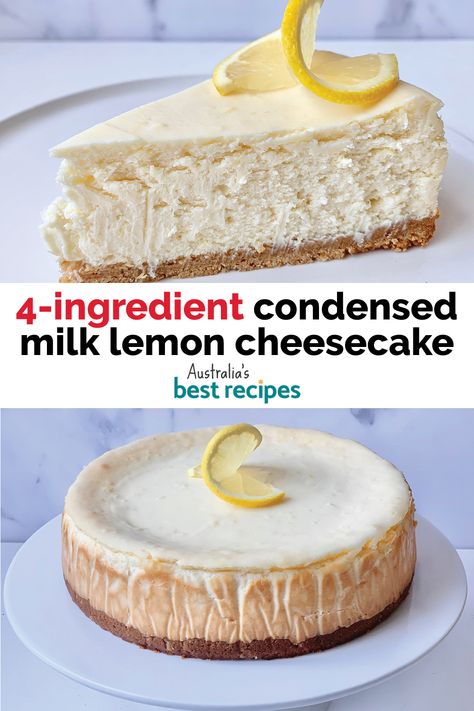 Quite possibly the easiest (and most delicious!) baked cheesecake you’ll ever make - and you only need 4 ingredients. Creamy, with a slight tang from the addition of the lemon, this cheesecake will be highly requested come dessert time. I’ve made the base with digestive biscuits but you can use any other plain sweet biscuit, if you prefer. The condensed milk in both the biscuit base and cheesecake filling adds the perfect amount of sweetness without the need for additional sugar. Cheesecake With Sweet Condensed Milk, 4 Ingredient Cheesecake, Cheesecake Base, Digestive Biscuit Recipe Desserts, Condensed Milk Cheesecake, Cheesecake With Sweetened Condensed Milk, Cheesecake With Condensed Milk, Cheesecake Lemon, Quick Cheesecake Recipes