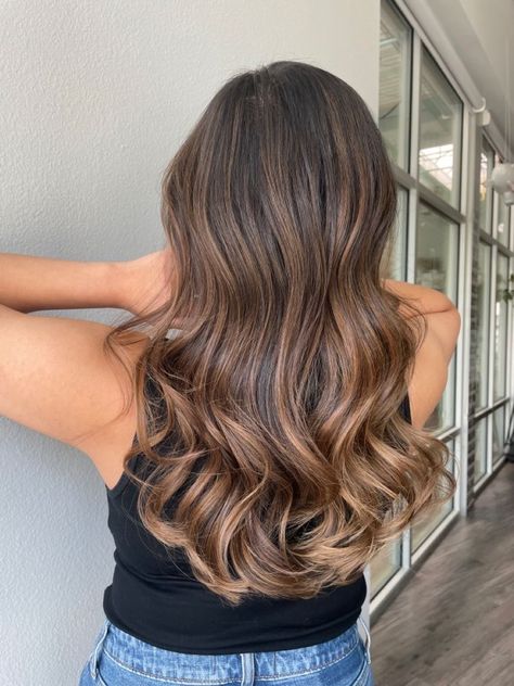 Caramel Balayage 2023, Caramel Tone Balayage, Hazelnut Caramel Balayage, Multi Tone Brunette Hair, Caramel Dimensional Balayage, Caramel Balayage Straight Hair Brunettes, Balayage On Brown Skin Tone, Dimensional Brunette Caramel, Muted Brown Balayage