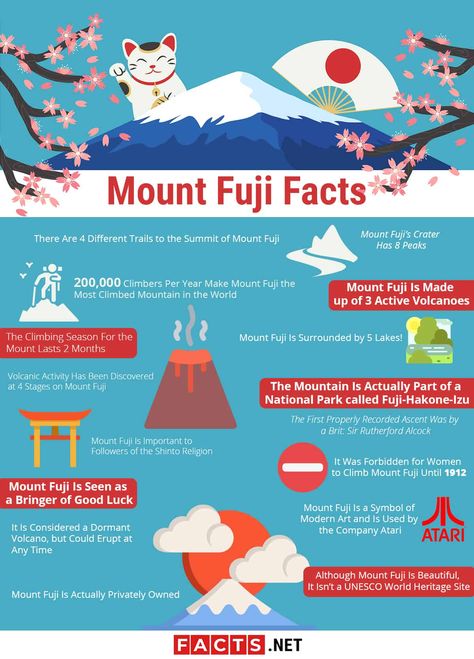 Cool Things About Mount Fuji Last week we took a staycation to Mt. Fuji in Japan and we've been planning a big trip to Japan in the next 10 years where we will visit Mt. Fuji explore Tokyo and even hit up Tokyo Disney. So why is Mt. Fuji so attractive to visitors? Here are a few more cool facts: The distinctive cone shape of Mt. Fuji is very unusual for a volcano. Not only is it beautiful but it's actually very climbable for even novice hikers. It can take 4-8 hours to hike to the top meaning yo Hiking Mount Fuji, Mount Fuji Travel, Japan Unit Study, Japan Facts For Kids, Japan Volcano, Japan Mount Fuji, Facts About Japan, Japan For Kids, Japan Quotes