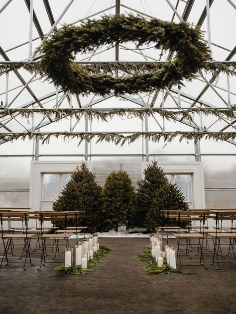 Winter Ceremony with Pine Trees Green House Candle Lit Aisle, Winter Wedding Candles, Winter In Maine, Ceremony Backdrop Indoor, Candle Light Wedding, Candle Lit Ceremony, Neutral Wedding Inspiration, Winter Ceremony, Dark Green Wedding