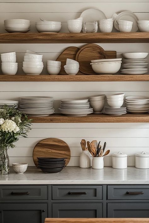 Upgrade your kitchen with DIY farmhouse cabinets and shelving! This budget-friendly project will give your kitchen a rustic makeover that’s perfect for farmhouse style lovers. 🏡✨ #DIYFarmhouseKitchen #RusticCabinets #KitchenMakeover #FarmhouseStyle #DIYShelving Kitchen Shelf Between Cabinets, Diy Shelves For Kitchen, Open Shelving In The Kitchen Diy, Kitchen Shelves Instead Of Cabinets Diy, Farmhouse Cabinet Hardware, Farmhouse Kitchen Makeover, Diy Farmhouse Kitchen, Farmhouse Kitchen Shelves, Antique White Kitchen Cabinets