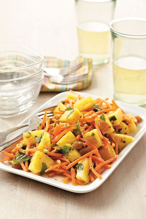 Serve a heavier pasta dish with a delightfully fresh-tasting but unexpected “fruit salad” of carrots, pineapple, and mint to make this a perfect springtime menu. Carrot Pineapple Salad, Koeksisters Recipe, Pineapple Salad Recipes, Cold Salad Recipes, Salad Dressing Recipes Healthy, Pineapple Salad, Make Ahead Salads, Cold Salad, Couscous Salad