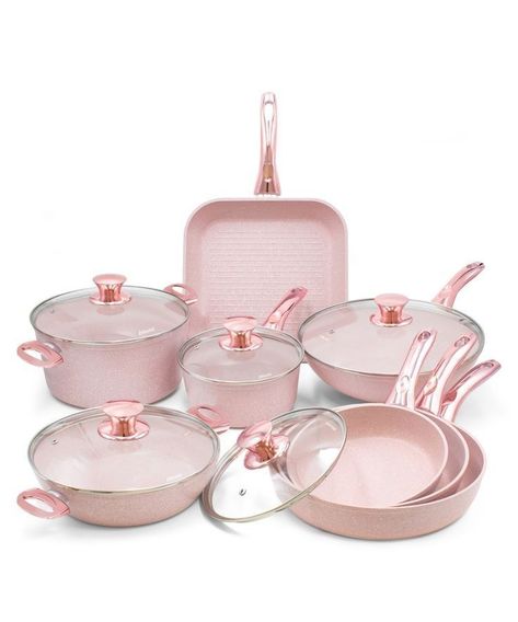 Rose Gold Kitchen, Desain Pantry, Gold Kitchen, Pink Kitchen, Cute Kitchen, Pink Houses, Gold Handles, Everything Pink, Cookware Set