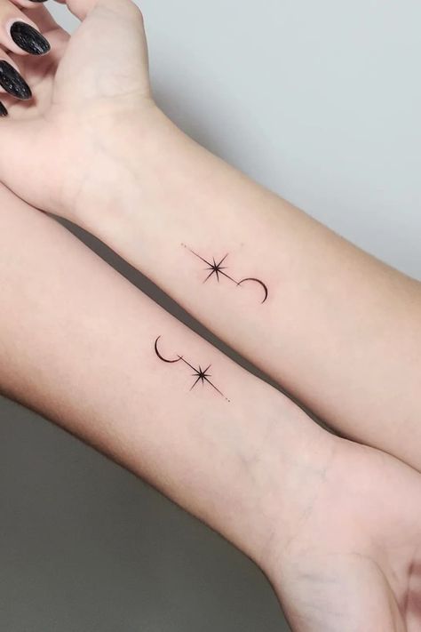 Tattoo Ideas Female Bestie, 3 Tattoos Friendship, Minimalist Best Friend Tattoos Simple, Similar But Different Matching Tattoo, Tattoo Ideas Female Matching Friends, Simple Tattoos For Best Friends, Bff Tattoo Ideas Unique, Small Matching Tattoos For Best Friends Unique, Best Friend Tattoo Ideas Unique