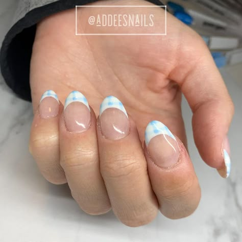 Gingham French Tip Nails, Blue Gingham Nails, Gingham Nail Art, Gingham Nails, Nail Aesthetics, Fingernail Designs, Graduation Nails, Plaid Nails, Edgy Nails