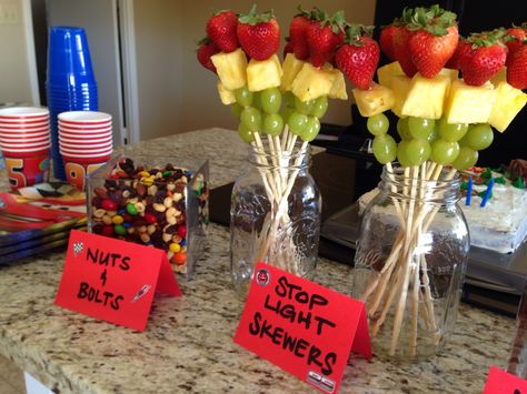 Cars Birthday Snack Ideas, Car Themed Food Snacks Ideas, Race Car Birthday Snack Ideas, Blaze Birthday Food Ideas, Cars Themed Snack Ideas, Cars Theme Party Food, Two Fast Birthday Party Snacks, Two Fast Treat Table, 2fast 2 Curious Birthday