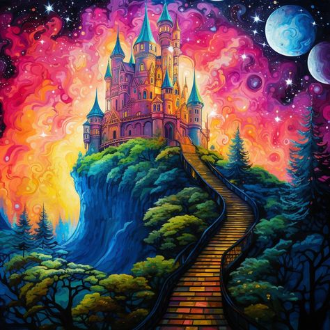 "Enchanted Ascension" captures a breathtaking scene of a magnificent stairway leading to a vibrant and magical castle bathed in the ethereal twilight Rainbow Castle, Dragon Tamer, Enchanted Castles, Magical Castle, Castle Aesthetic, Magic Castle, Purple Canvas, Castle Art, Garden Containers