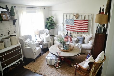 4th of July Decor In the Living Room - Liz Marie Blog Americana Farmhouse Decor, 4th Of July Home Decor, July Home Decor, Upstairs Living Room, Ikea Coffee Table, Americana Farmhouse, Liz Marie, Liz Marie Blog, Window Treatments Living Room