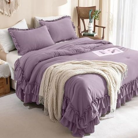 Amazon.com: Masaca Ruffle Comforter Queen Size,Farmhouse Shabby Boho Chic Queen Bedding Comforter Set,3pcs Ultra Soft Fluffy Grayish Purple Comforter Sets for Queen Bed with 2 Ruffled Pillowcases : Home & Kitchen King Bed Comforter, Boho Chic Bedding, Ruffle Comforter, Purple Comforter, King Size Comforter, Queen Bedding, Shabby Vintage, Queen Bed, Comforter Set