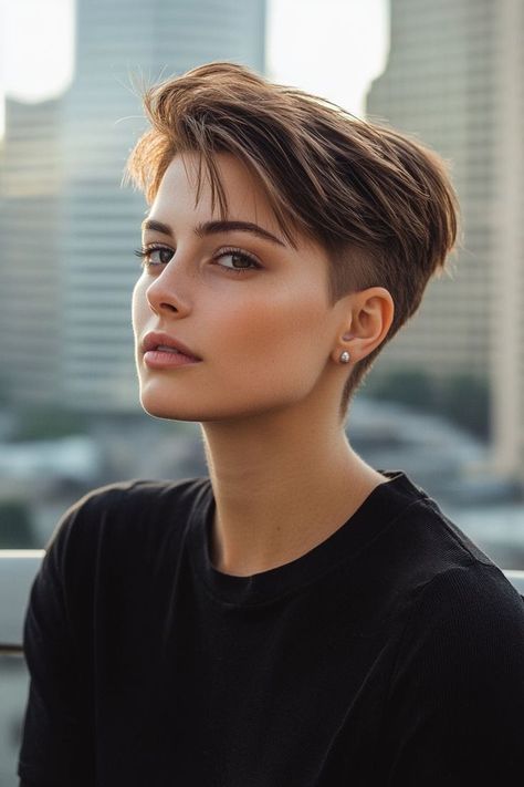 Short Pixie Haircuts Straight Hair, Straight Hair Pixie Cut, Rockstar Hair, Non Binary Haircuts, Pixie Haircuts For Women, Super Short Haircuts, Androgynous Hair, Short Hair Tomboy, Ponytail Hairstyles Easy