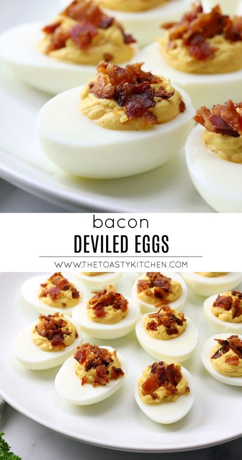 Bacon deviled eggs are a crowd-favorite appetizer for your next party. These deviled eggs have just a pinch of cayenne pepper for a hint of warmth and are topped with plenty of crumbled bacon. Perfect Hard Boiled Eggs, Bacon Deviled Eggs, Bacon Eggs, Deviled Eggs Recipe, Flavored Bacon, Eggs Recipe, Bacon Ranch, Favorite Appetizers, Crumbled Bacon