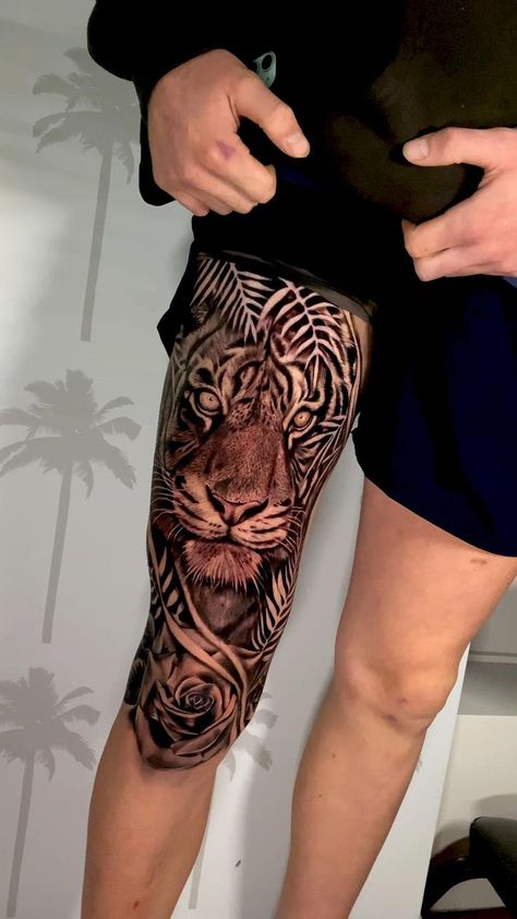 Tiger Thigh Tattoo, Tattoo Pierna Hombre, Tiger Tattoo Thigh, Side Leg Tattoo, Thigh Tattoo Men, Tattoo Tights, Brother Tattoos, Wolf Tattoo Sleeve, Full Leg Tattoos