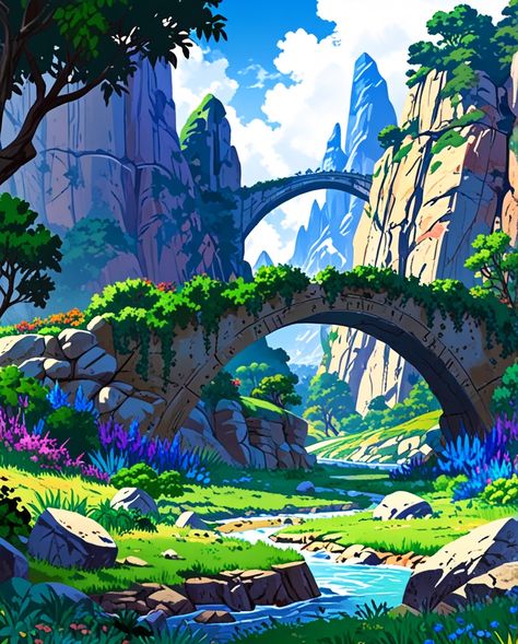 "A Natural Stone Bridge" #aiart #animeillustration #illustrationart #illustration #illustrator #art #design #drawing #painting #artwork #generativeartworks #nature #landscape #sky Fantasy Bridge Art, Bridge Concept Art, Fantasy Landscape Illustration, Fantasy Artwork Landscape, Landscape Drawing Tutorial, Bridge Landscape, Bridge Drawing, Bridge Art, Landscape Sky