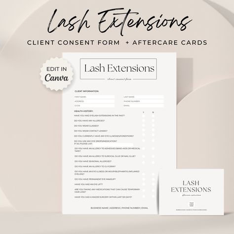 "Editable Salon Forms, Esthetician Business, Consultation Forms, Eyelash Aftercare Cards, Eyelash Extension Forms, Editable Lash Consent Templates, Lash Tech Consultation ✰ Are you looking for a form template to help you customize your Lash Extension forms? We've got you covered with this minimalist, easy-to-edit design. This template provides you and your client with important information and aftercare. With this template not only can you customize it to your brand - but you can also update it Lash Consultation Form, Lash Consent Form, Eyelash Aftercare, Business Consultation, Esthetician Forms, Aftercare Cards, Esthetician Business, Lash Technician, Esthetician Marketing