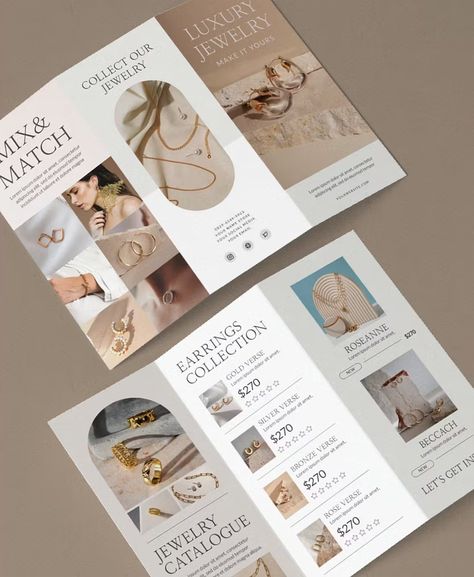 Jewelry Store Tri-Fold Brochure Template AI, EPS Jewellery Broucher Design, Jewelry Brochure Design Layout, Brochure Design Jewelry, Brochure Jewelry Design, Tri Brochure Design, Jewelry Brochure Design, Tri Fold Brochure Design Layout, Cute Brochure Design, Broucher Design Layout Brochure Template