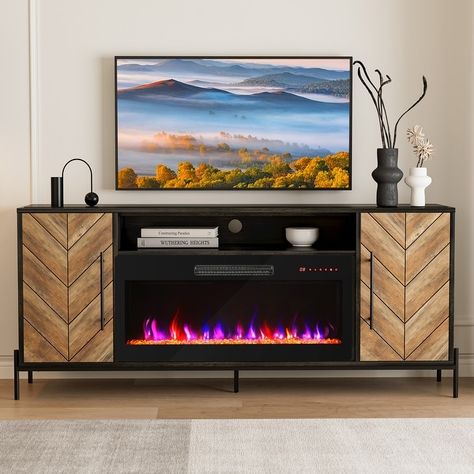 BELLEZE Harper 68" Wood TV Stand w/ 36" Electric Fireplace - Bed Bath & Beyond - 39859992 Fireplace Tv Stand Decor Ideas, Fireplace Tv Console, Cabinet Console Table, Electric Fireplace Entertainment Center, Entertainment Center With Storage, Cabinet Console, First Apartment Checklist, Fireplace Entertainment Center, Electric Fireplace Heater