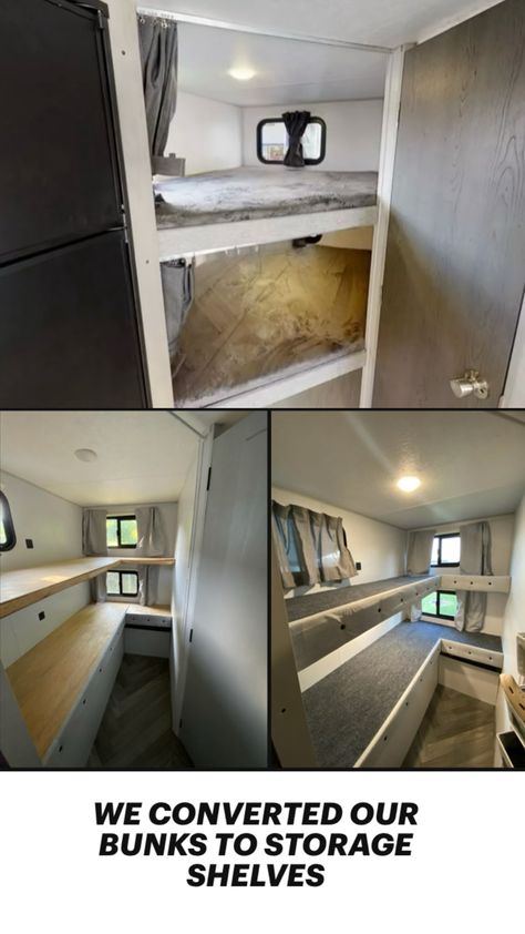 We converted our RV bunks into storage shelves. Removed the mattresses, measured and cut the wood using a jig saw, then created new trim using wood and fabric. Purchased carpet from Home Depot and cut to size. Stapled it down. Now to organize! Rv Bunks Remodel, Camper Repair, Wood And Fabric, Jig Saw, Rv Renovations, Full Time Rv, Rv Stuff, Rv Living, Storage Shelves