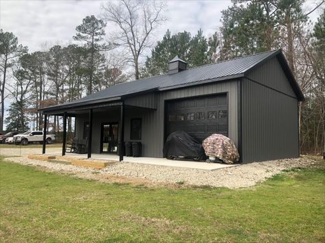 This building is as pretty as they come. The dimensions are 26’x44’x12’, and features include a 6/12 pitch roof, an 8’x28’ lean-to, and a 36” cupola. The colors are Charcoal and Black. Garage With Boat Storage, Green Metal Building, Construction Planning, Pole Building Garage, Garage Setup, Steel Garage Buildings, Hunting Cabins, Hobby Garage, Equine Barns