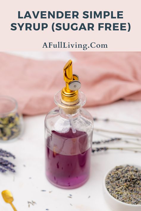 This Sugar Free Lavender Simple Syrup Recipe is the perfect light and floral way to spruce up keto friendly cocktails, fancy coffee drinks, and more! It's super simple to make with only a few ingredients and tools. #LavenderSimpleSyrup #SugarFreeSimpleSyrup #LavenderCocktailSyrup #LavenderSimpleSyrupForCoffee Keto Lavender Syrup, Healthy Lavender Syrup, Sugar Free Lavender Syrup, Lavender Sugar Recipe, Keto Lavender Recipes, Keto Simple Syrup Recipe, Lavender Coffee Syrup, How To Make Lavender Syrup, Lavender Syrup Recipe For Coffee