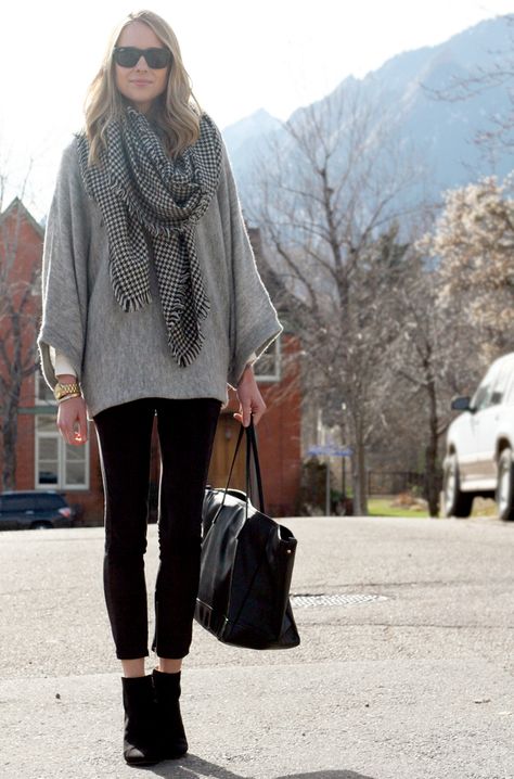 Fall Outfit // grey poncho sweater, black suede pants, black wedge booties, black & grey houndstooth scarf, black leather tote, silver statement necklace, layers Booties With Skirt, Ankle Boots With Leggings, Poncho Outfit, Ankle Boots With Jeans, Houndstooth Scarf, How To Wear Ankle Boots, Boots Outfit Ankle, Grey Poncho, How To Wear Leggings