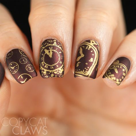 Clock Nail Stamping Clock Nails, Sculpted Gel Nails, Dark Purple Nails, New Years Nail Art, Trend Ideas, New Years Nail Designs, Stylish Nails Designs, Best Nail Art Designs, Latest Nail Art