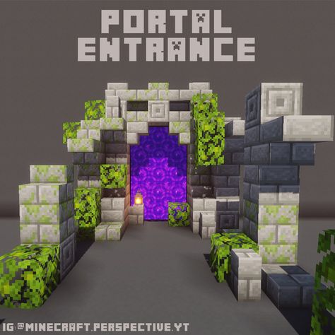 Custom Nether Portal Minecraft, Minecraft Jungle Nether Portal, Minecraft Medieval Portal Design, Underground Nether Portal Design, Nether Portal Design Cave, Ender Portal Designs, Medieval Nether Portal, Minecraft Gate, Minecraft Mine Entrance