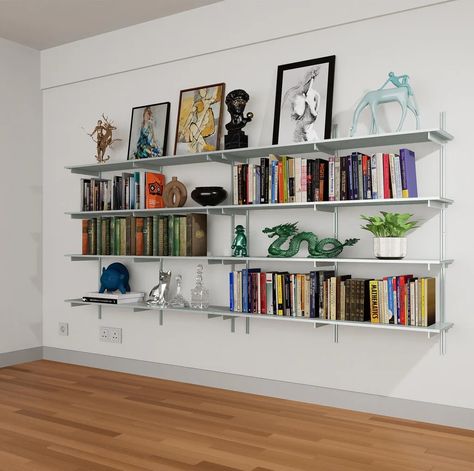 Wall Mounted Shelving Units - 3 Shelf Aluminum – Modern Shelving Wall With Shelves, Designs For Walls, Shelving Units Living Room, Wall Mounted Shelving, Wall Mounted Shelving Unit, Space Saving Shelves, Decorate Wall, Contemporary Shelving, Minimalist Shelves