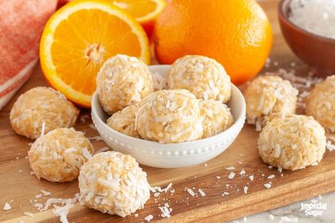 Orange Coconut Balls | Imperial Sugar Healthy Dark Chocolate, Vanilla Wafer, Coconut Balls, Toffee Recipe, Orange Food Coloring, Almond Bars, Homemade Snickers, Vanilla Fudge, Dark Chocolate Almonds