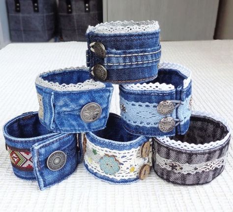 Diy Denim Bracelets, Denim Bracelets, Jean Crafts Ideas, Fabric Bracelets Diy, Denim Cuff Bracelet, Cuff Bracelets Diy, Fabric Cuff Bracelet, Denim Bracelet, Shabby Chic Boho