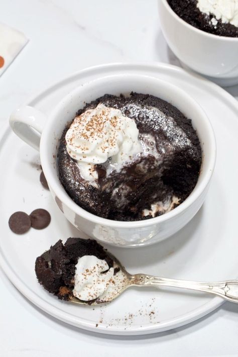 A white mug with a dark chocolate mug cake and a dollop of whipped cream. My Country Table, Microwave Cake, Chocolate Mug Cake, Quick Dessert, Homemade Frosting, Country Table, Chocolate Mug Cakes, Chocolate Mugs, Mug Recipes