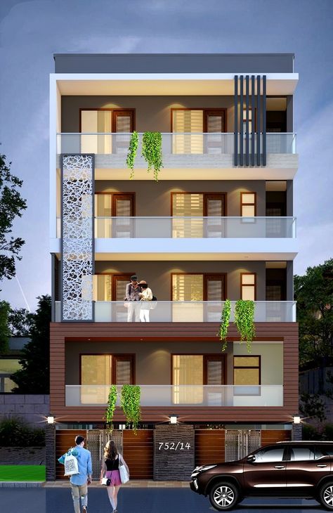 Wpc Jali Design Elevation, Box Panelling, Delhi House, Residence Exterior, Front Building Design, Residential Architecture Apartment, Side Elevation, Building Front Designs, 3 Storey House Design