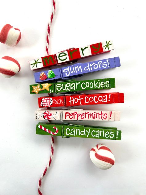 Candy Cane Christmas Ornaments Diy, Painted Clothes Pins Christmas, Cocoa Sugar Cookies, Kids Table Decor, Clothespins Crafts, Jenga Crafts, Painted Clothespins, Painted Clothes Pins, Christmas Clothespin