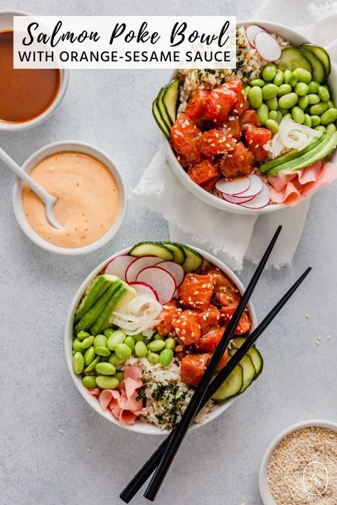 These Salmon Poke Bowls are a healthy and vibrant meal that comes together surprisingly quickly! Filled with whole grain brown rice, heart-healthy salmon, piles of fresh veggies, tangy pickled toppings, and two flavorful sauces, this is one delicious dinner in a bowl! | Zestful Kitchen #pokebowl #salmonpokebowl #poke #bowlfood #rawsalmonrecipe Salmon Sauces, Poke Bowl Salmon, Pickled Cucumbers And Onions, Salmon Poke Bowl Recipe, Apartment Cooking, Salmon Poke Bowl, Sushi Ideas, Poke Bowl Recipe, Fancy Dinners