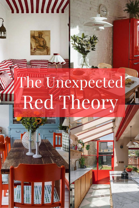 interior using red Red Cabinet Living Room, Pop Of Red Living Room, Red Home Accents, Home Decor With Red Accents, Red Color Palette Interior Design, Pink Red Interior, Unexpected Red Interior Design, Interior Design Red Accents, Pop Of Red Decor