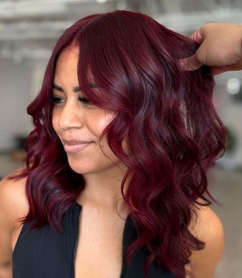 Image 1 of 1 Plum Hair With Red Highlights, Burgundy Hair With Lowlights, Medium Dark Red Hair, Makeup For Burgundy Hair, Deep Cherry Red Hair Burgundy, Raspberry Hair Color, Red Brown Highlights, Merlot Hair Color, Raspberry Hair