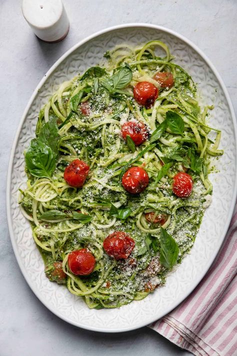 Pesto Zoodles is a low carb easy recipe inspired by pesto spaghetti; made lighter by spiralizing zucchini into long spaghetti-like strands! | Pesto Ideas | Pesto Recipes | Zucchini Recipes | Low Carb Recipes | Low Carb Friendly | Keto Friendly Blistered Tomatoes, Pesto Zoodles, Plating Ideas, Zoodle Recipes, Spiralizer Recipes, Low Carb Pasta, Homemade Pesto, Tasty Vegetarian Recipes, Pesto Recipe