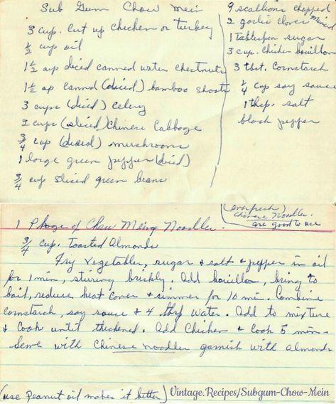 This is a handwritten recipe card for the American Chinese dish - Subgum Chow Mein.  This recipe includes chicken or turkey, bamboo shoots, Chinese cabbage, water chestnuts, and Chow Mein Noodles. #SubgumChowMein #Subgum #ChowMein #Chicken #Turkey #Chinese #VintageRecipe #Vintage #Recipe Chicken Subgum Recipe, Chicken Subgum Chow Mein Recipe, Chicken Subgum, Subgum Chow Mein Recipe, Chow Mein Recipe, Almond Chicken, Traditional Thanksgiving Menu, Chicken Chow Mein, Chow Mein Noodles