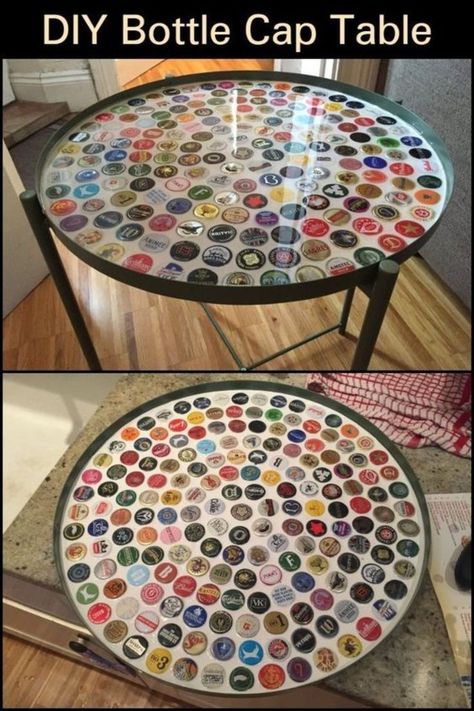 Bottle Top Tables, Bottle Cap Collection, Beer Cap Table, Beer Bottle Diy, Tabletop Diy, Beer Bottle Cap Crafts, Diy Bottle Cap Crafts, Bottle Cap Table, Wine Barrel Table