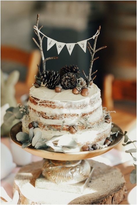 Bear Forest Birthday Cake, Woodland Shower Food, Baby Boy Woodland Shower Ideas, Woodland Creature Baby Shower Ideas, Cabin Baby Shower Theme, Winter Woodland Cake, Fall Baby Shower Cake For Boys, Woodland Winter Baby Shower Ideas, Rustic Winter Baby Shower Ideas