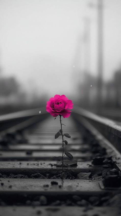 Prompt 👉Black and white photo, just a pink flower growing out of the ground in the center of the railroad bed of the city of Peron, by Zachary Zograf, romanticism, stunning vfx, rain, tribute to life, stunning beautiful composition, rose, after effects, strong composition, beautiful flower 👉 if Like, please Follow and Share AI Graphics Studio 👇Contact on WhatsAPP: http://tiny.cc/aigraphicsstudio #aigraphicsstudio #AI #DigitalMarketing #digitalartist #digitalart #digital #creativephotography... Rose Flower Aesthetic Dark, Dark Flower Background, Black Vibe Aesthetic, Flowers In Black Background, Pretty Flowers Background, Black Flower Wallpaper, Pink Black Aesthetic, Rose Flower Photography, Gold And Black Wallpaper