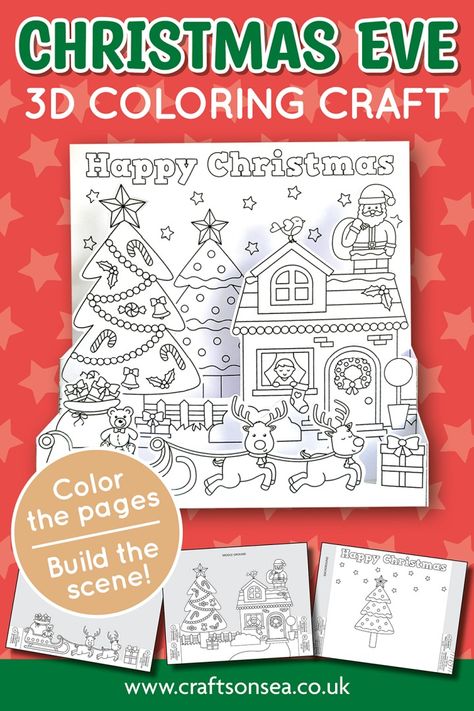 Grab our free Christmas scene craft printable and make a cute 3D scene of Santa on Christmas Eve - all you need to do is color it! Christmas Coloring Books Free Printable, Christmas Book Activities, Christmas Sunday School Crafts, Christmas Sunday School, Christmas Sunday, Christmas Diorama, 3d Scene, Paw Patrol Coloring Pages, Santa Crafts