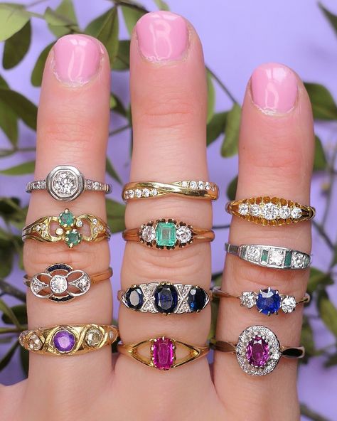 Can you spot 👀 the oldest ring in this antique and vintage stack? Discover the current Petit Cœur collection of antique and vintage rings. Each of these rings is a one of a kind jewel from the past that has been cherry picked 🍒 for me to present here to you for their beauty, charm, rarity and craftsmanship ✨ Newest to collection: 💜Amethyst and Diamond - bottom ring finger 🤍 Diamond White Gold Solitaire - top ring finger ❤️ Ruby Single Stone - bottom middle finger 💙 Sapphire and Diamond Thr... Old Rings, White Gold Solitaire, Top Rings, Victorian Rings, Index Finger, Single Stone, Antique Engagement Rings, Art Deco Ring, Ring Finger