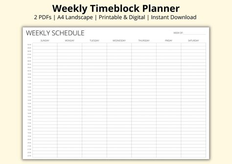 Weekly Timeblock Planner, Weekly Schedule, Weekly Planner Template, 7 Day Timetable, Week at a Glance, Printable Landscape Planner, A4 PDF by DigitalMuseCrafts on Etsy Timeblock Planner, Time Block Planner, Week At A Glance Printable, Block Planner, Landscape Planner, Week At A Glance, Digital Weekly Planner, Weekly Planners, Landscape Horizontal